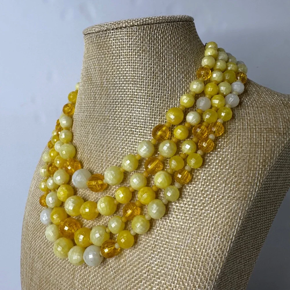 Vintage Yellow Beaded‎ Four Strand Statement Necklace Plastic Layered Sunny Mod